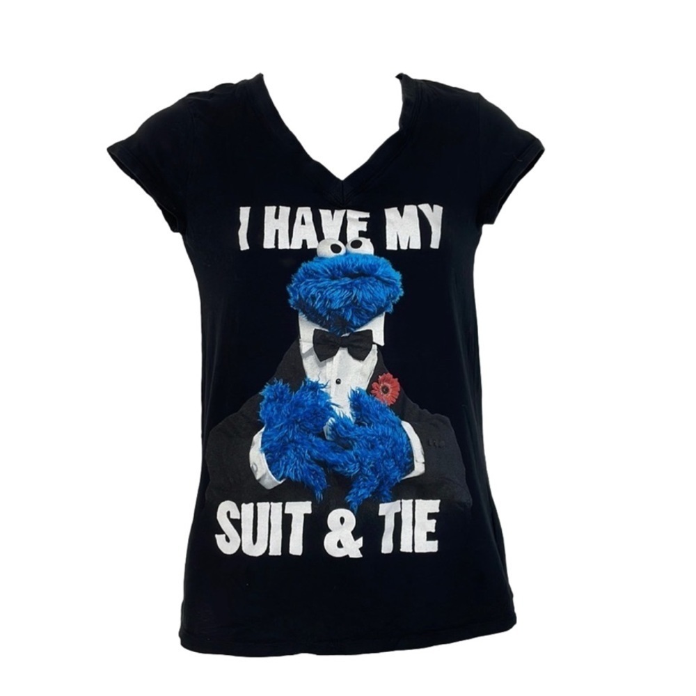 Sesame Street Cookie Monster "I Have My Suit & Tie" V-Neck Graphic T-Shirt Black